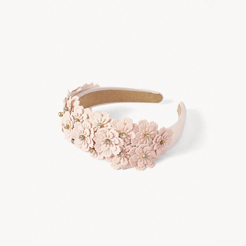 Cream Blush Floral Applique Rhinestone Headband with Faux Leather Petals